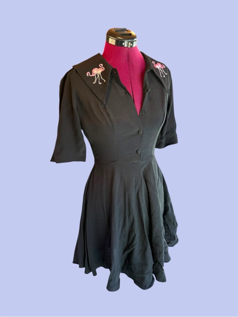 Black Short-Sleeve Fit & Flare Dress with Pink Flamingo Collar